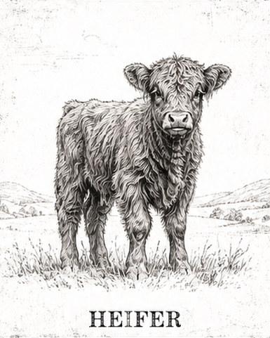 Pen-and-ink illustration of a Highland heifer in a field, captioned 